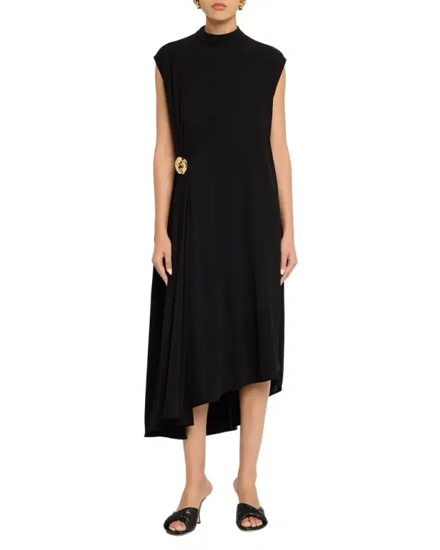 Mock-Neck Gathered Jersey Asymmetric Midi Dress