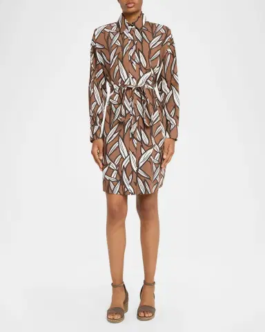 Brunello Cucinelli Collared Long-Sleeve Leaf-Print Cotton Dress | Thumbnail 2
