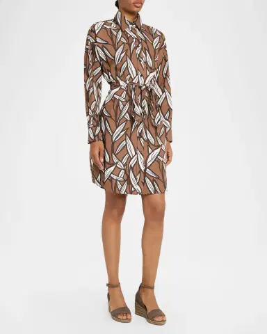 Brunello Cucinelli Collared Long-Sleeve Leaf-Print Cotton Dress | Thumbnail 4