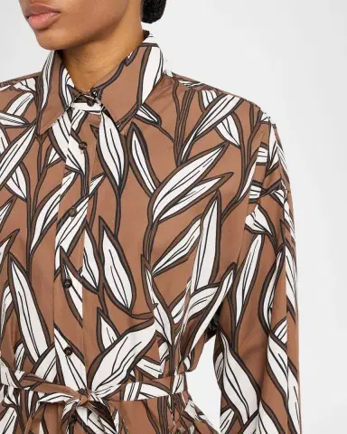 Brunello Cucinelli Collared Long-Sleeve Leaf-Print Cotton Dress | Thumbnail 5