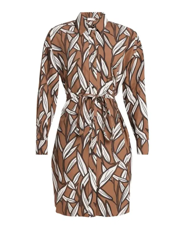 Brunello Cucinelli Collared Long-Sleeve Leaf-Print Cotton Dress