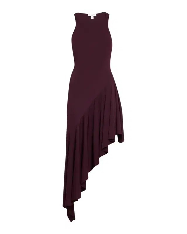 ALAÏA Asymmetric Ruffle Jersey Sleeveless Midi Dress