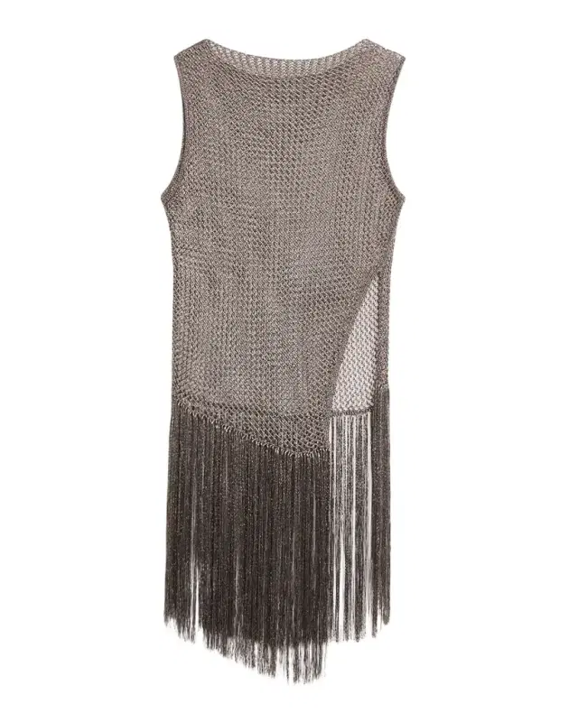 Asymmetric Metallic Net Knit Fringed Tank Top
