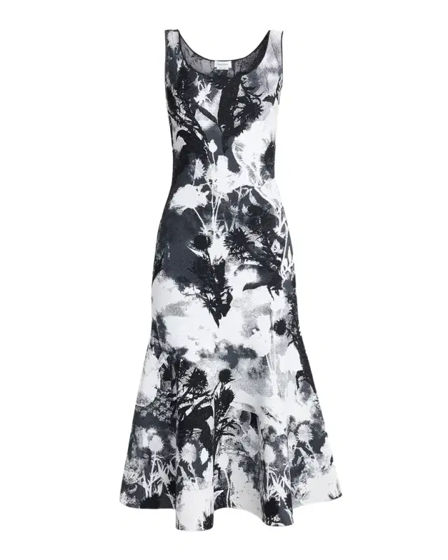 Flowers Jacquard Compact Knit Trumpet Midi Dress