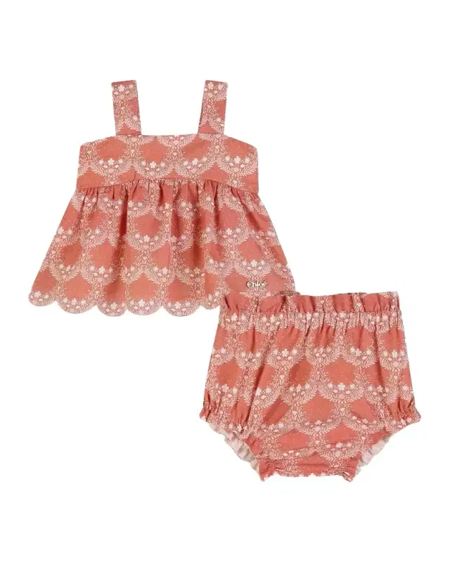 Girl 's Scalloped Floral Blouse & Bloomers Set, Size 3M-18M
