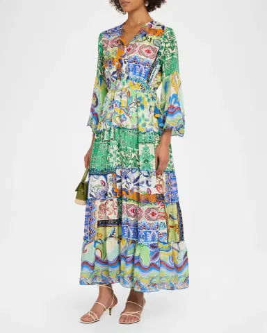Johnny Was Tiered Patchwork-Print Silk Maxi Dress | Thumbnail 4