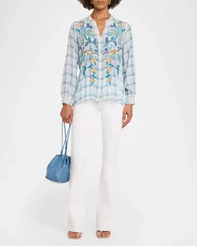 Johnny Was Embroidered Check Silk Relaxed Button-Down Shirt | Thumbnail 2