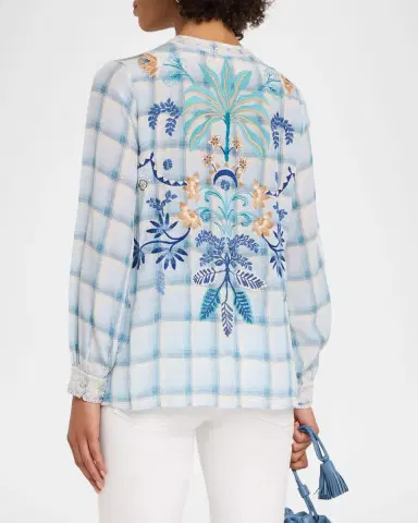 Johnny Was Embroidered Check Silk Relaxed Button-Down Shirt | Thumbnail 3