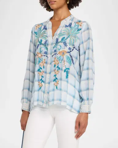 Johnny Was Embroidered Check Silk Relaxed Button-Down Shirt | Thumbnail 4