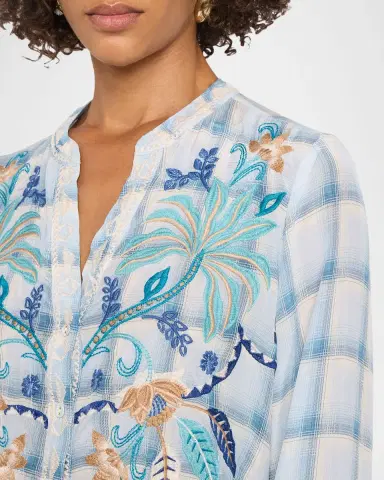 Johnny Was Embroidered Check Silk Relaxed Button-Down Shirt | Thumbnail 5