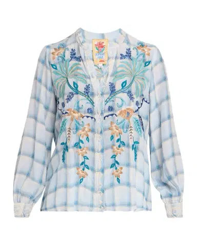 Johnny Was Embroidered Check Silk Relaxed Button-Down Shirt | Thumbnail 1