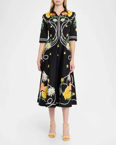 Rickie Freeman for Teri Jon Floral & Pearl-Print Cotton Midi Shirtdress | Thumbnail 2