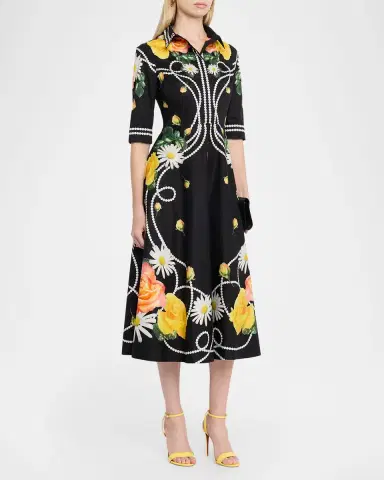 Rickie Freeman for Teri Jon Floral & Pearl-Print Cotton Midi Shirtdress | Thumbnail 4