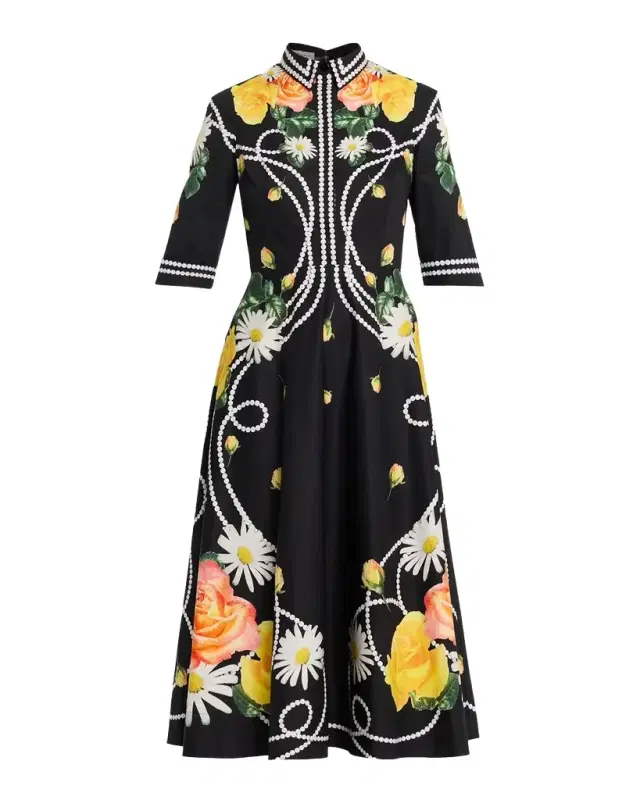 Rickie Freeman for Teri Jon Floral & Pearl-Print Cotton Midi Shirtdress