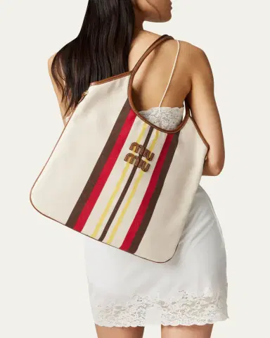 Miu Miu Ivy Striped Leather-Trim Canvas Tote Bag | Thumbnail 2