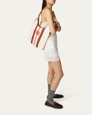 Miu Miu Ivy Striped Leather-Trim Canvas Tote Bag | Thumbnail 5