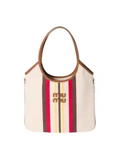 Miu Miu Ivy Striped Leather-Trim Canvas Tote Bag | Thumbnail 1