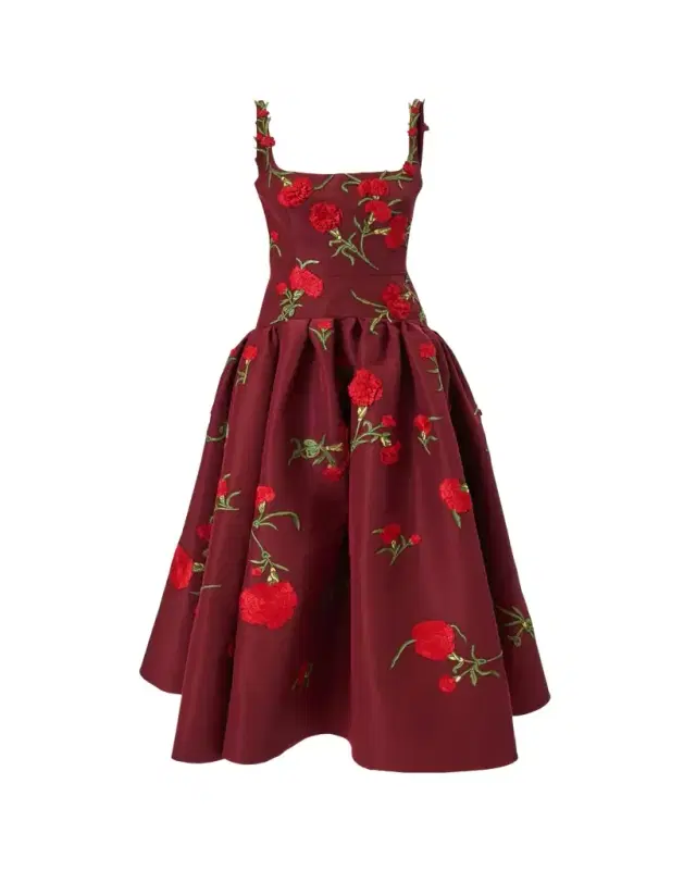 Carnation Embroidered Drop-Waist Tea-Length Dress