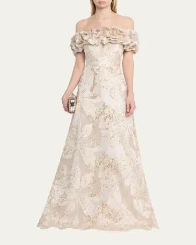 Rickie Freeman for Teri Jon Ruffled Off-Shoulder Metallic Jacquard Gown | Thumbnail 2