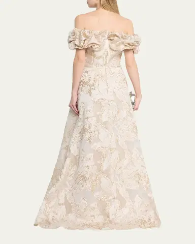 Rickie Freeman for Teri Jon Ruffled Off-Shoulder Metallic Jacquard Gown | Thumbnail 3