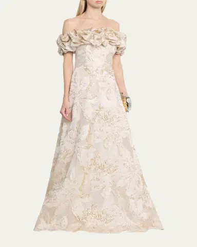 Rickie Freeman for Teri Jon Ruffled Off-Shoulder Metallic Jacquard Gown | Thumbnail 4