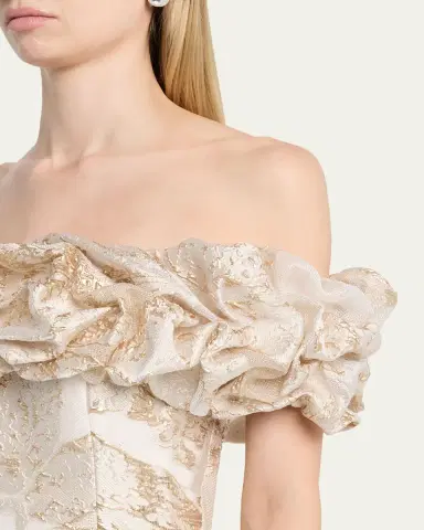 Rickie Freeman for Teri Jon Ruffled Off-Shoulder Metallic Jacquard Gown | Thumbnail 5