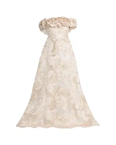 Rickie Freeman for Teri Jon Ruffled Off-Shoulder Metallic Jacquard Gown | Thumbnail 1