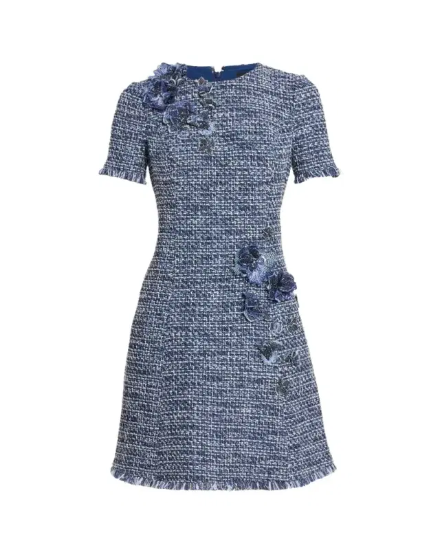 Rickie Freeman for Teri Jon Floral Tweed Short-Sleeve Dress