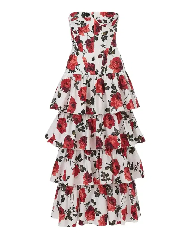 Strapless Corset Tiered Ruffle Midi Dress