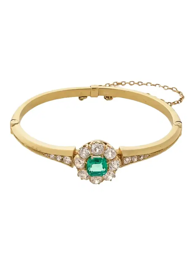 Vintage 18-karat Gold, Diamond And Emerald Bangle