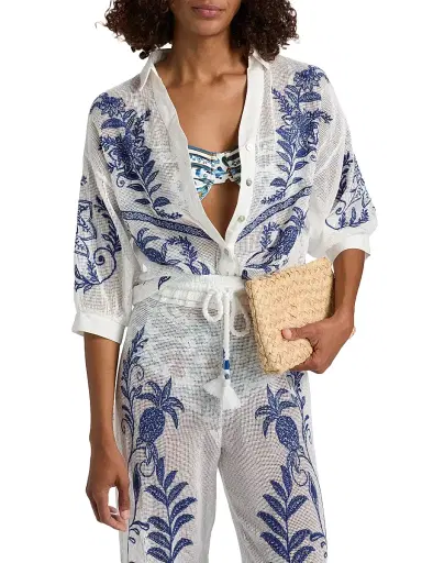 Farm Rio Women's Nina Embroidered Cotton Blouse - Off White | Thumbnail 3