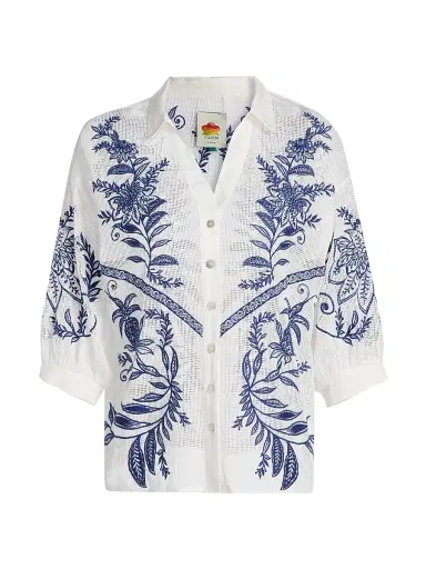 Farm Rio Women's Nina Embroidered Cotton Blouse - Off White | Thumbnail 1