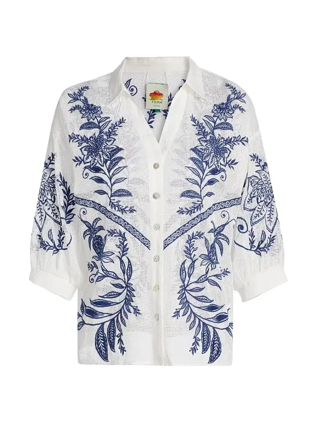 Farm Rio Women's Nina Embroidered Cotton Blouse - Off White