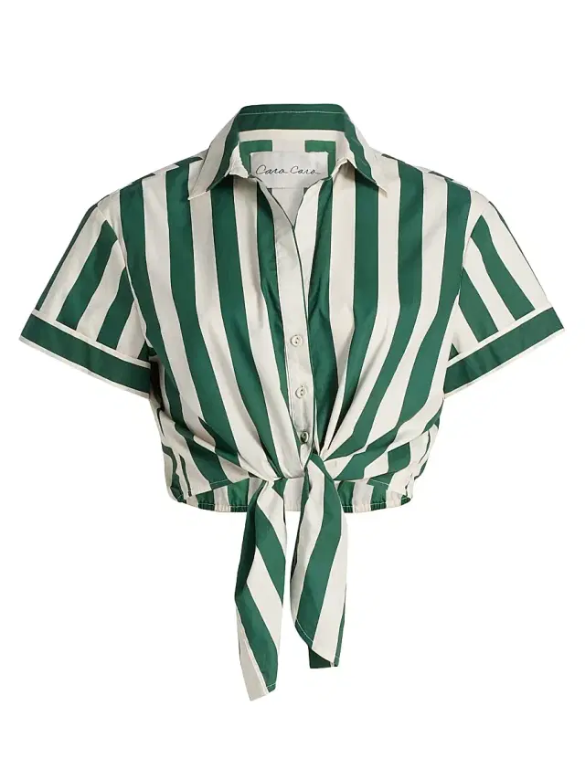 Women's Asbury Striped Cotton Tie-Front Crop Top - Green White Stripe
