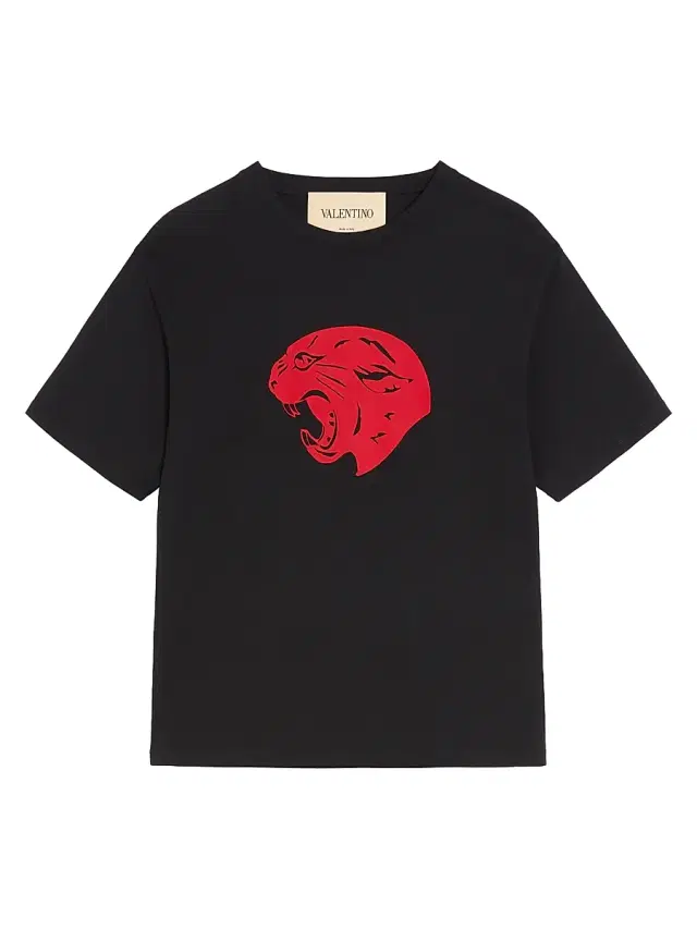 Men's Cotton T-Shirt with Panther Print - Black Red