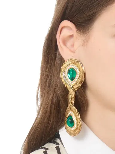 Valentino Garavani Women's Pas Plus Earrings in Metal, Resin, and Swarovski Crystals - Gold Emerald | Thumbnail 2 Valentino Garavani Women's Pas Plus Earrings in Metal, Resin, and Swarovski Crystals - Gold Emerald | Thumbnail 2
