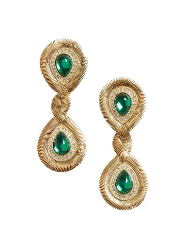 Valentino Garavani Women's Pas Plus Earrings in Metal, Resin, and Swarovski Crystals - Gold Emerald | Thumbnail 1 Valentino Garavani Women's Pas Plus Earrings in Metal, Resin, and Swarovski Crystals - Gold Emerald | Thumbnail 1