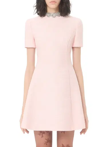 Valentino Garavani Women's Embroidered Crinkle Cotton Tweed Short Dress - Pink | Thumbnail 3