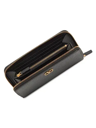 Valentino Garavani Women's V-Logo Signature Zippered Wallet in Grainy Calfskin Leather - Black | Thumbnail 2