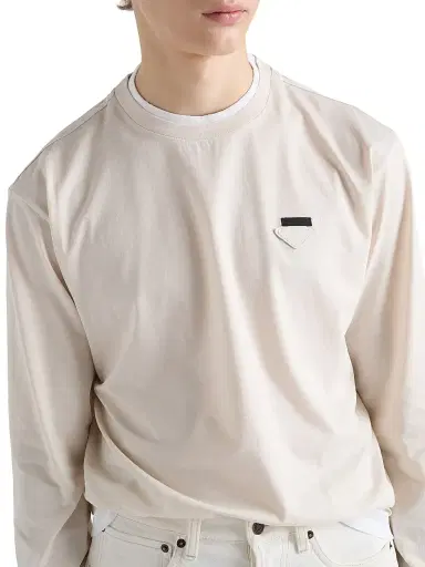 Prada Men's Long-Sleeved Cotton T-Shirt - Beige Khaki | Thumbnail 5