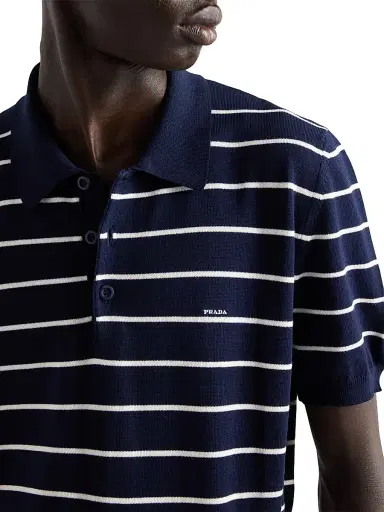 Prada Men's Short-Sleeved Striped Cotton Polo Shirt - Blue | Thumbnail 4 Prada Men's Short-Sleeved Striped Cotton Polo Shirt - Blue | Thumbnail 4