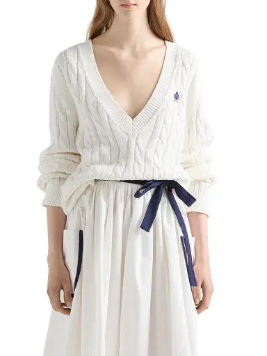 Prada Women's Cable-Knit V-Neck Cotton Sweater - White | Thumbnail 2