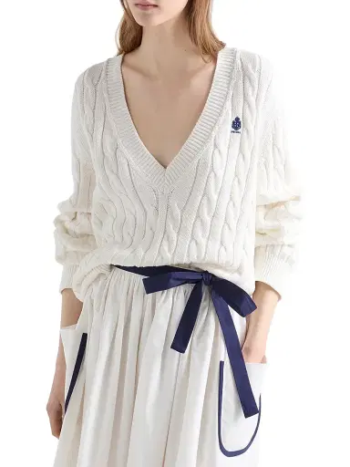 Prada Women's Cable-Knit V-Neck Cotton Sweater - White | Thumbnail 3