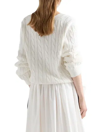 Prada Women's Cable-Knit V-Neck Cotton Sweater - White | Thumbnail 4