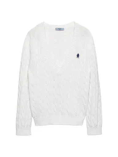 Prada Women's Cable-Knit V-Neck Cotton Sweater - White - Size 10 | Thumbnail 1 Prada Women's Cable-Knit V-Neck Cotton Sweater - White - Size 10 | Thumbnail 1