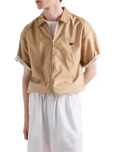 Prada Men's Short-Sleeved Re-Nylon Zipper Shirt - Brown | Thumbnail 3