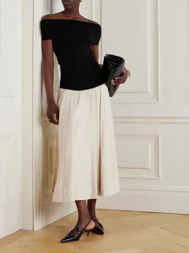 Simkhai Adaline off-the-shoulder linen-blend and recycled satin-jersey midi dress | Thumbnail 2 Simkhai Adaline off-the-shoulder linen-blend and recycled satin-jersey midi dress | Thumbnail 2