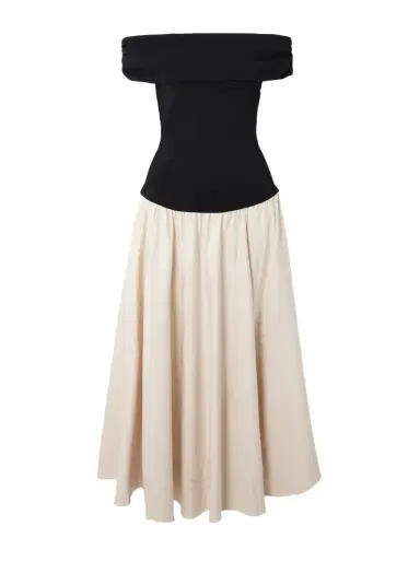 Simkhai Adaline off-the-shoulder linen-blend and recycled satin-jersey midi dress | Thumbnail 1 Simkhai Adaline off-the-shoulder linen-blend and recycled satin-jersey midi dress | Thumbnail 1