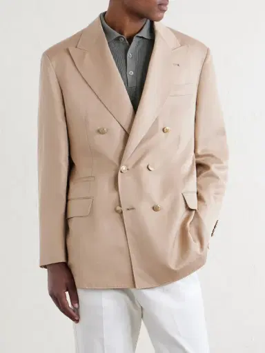 Brunello Cucinelli Double-Breasted Silk and Linen-Blend Twill Blazer - Men | Thumbnail 3