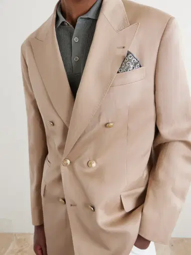 Brunello Cucinelli Double-Breasted Silk and Linen-Blend Twill Blazer - Men | Thumbnail 5